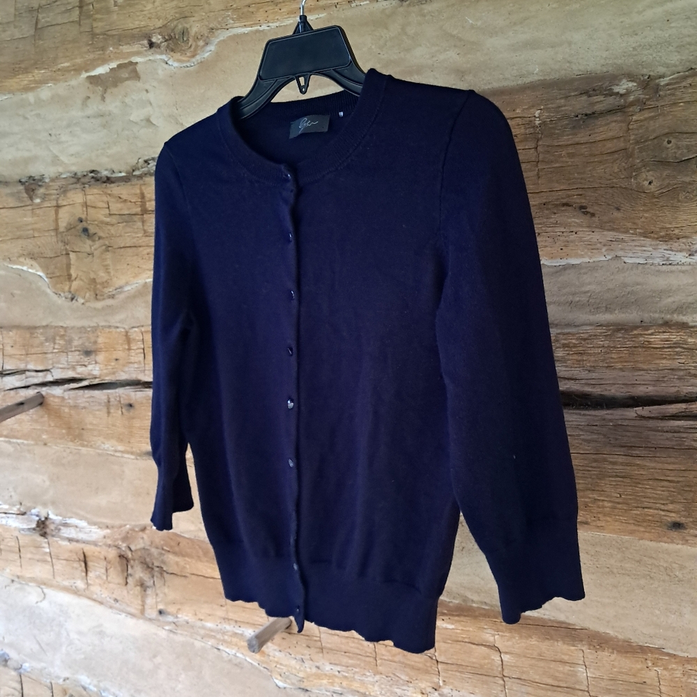 Cyrus Navy Crewneck 3/4 Sleeve Rayon Nylon Cardigan Large - Picture 4 of 7